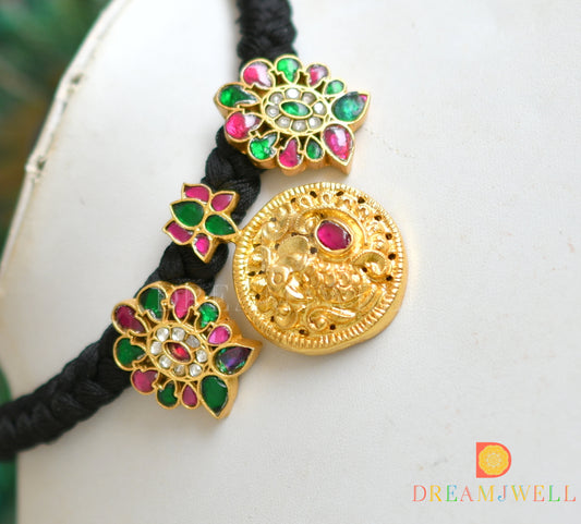 Gold look alike swan pink-green-white kundan jadau black silk thread necklace dj-36586