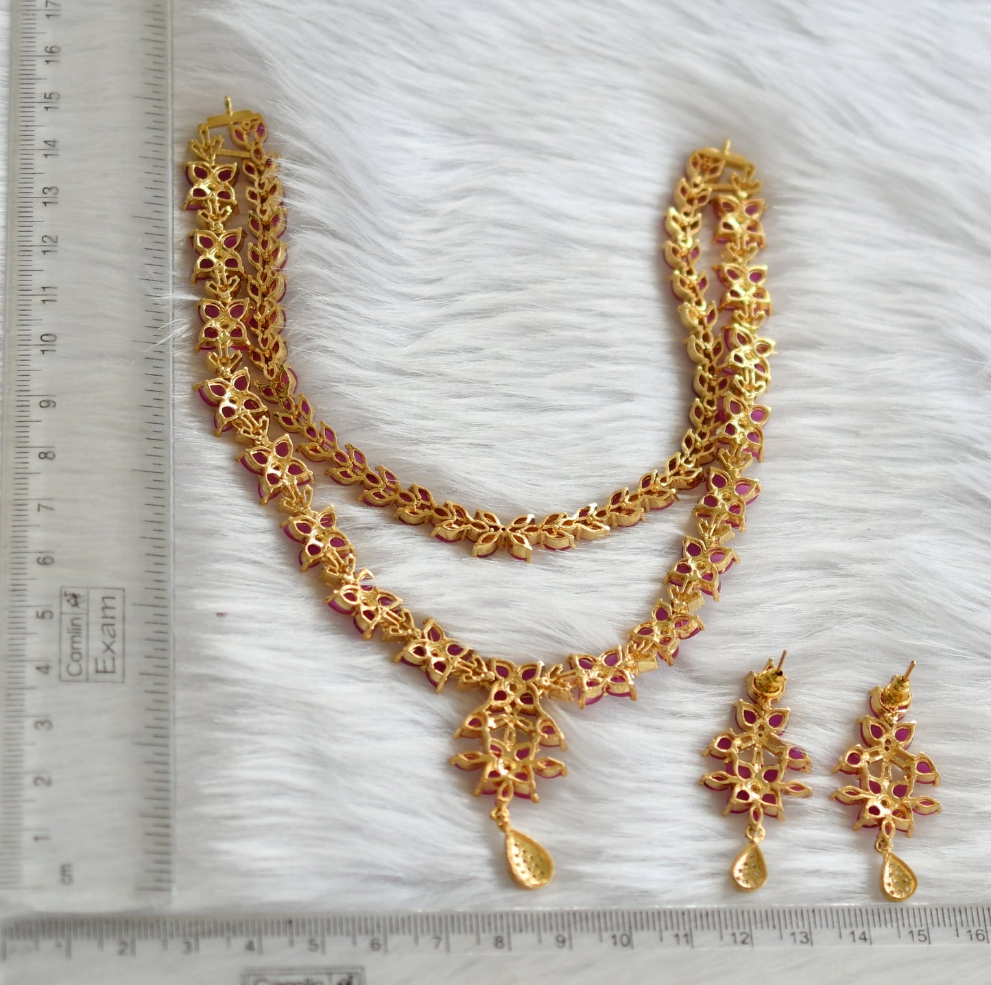 Gold tone cz ruby-white double layer necklace set dj-20094