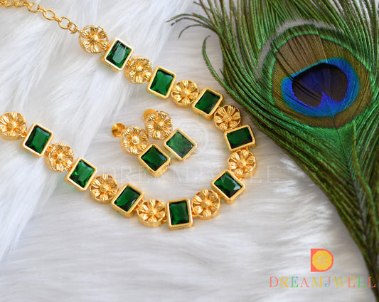 Gold tone flower bottle green block stone sufi necklace set dj-37398