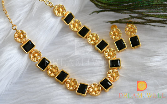 Gold tone flower black block stone sufi necklace set dj-37399