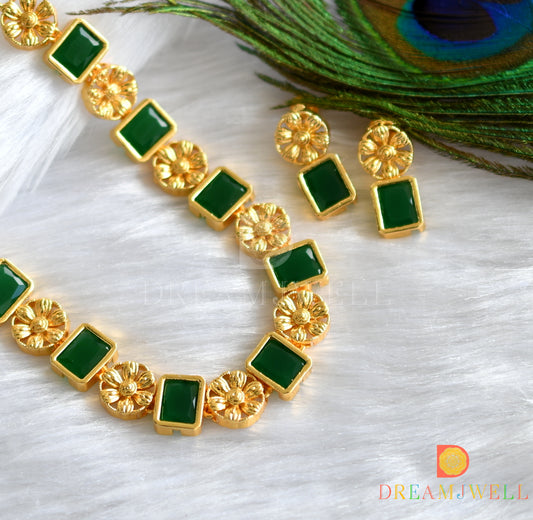 Gold tone flower emerald block stone sufi necklace set dj-37400