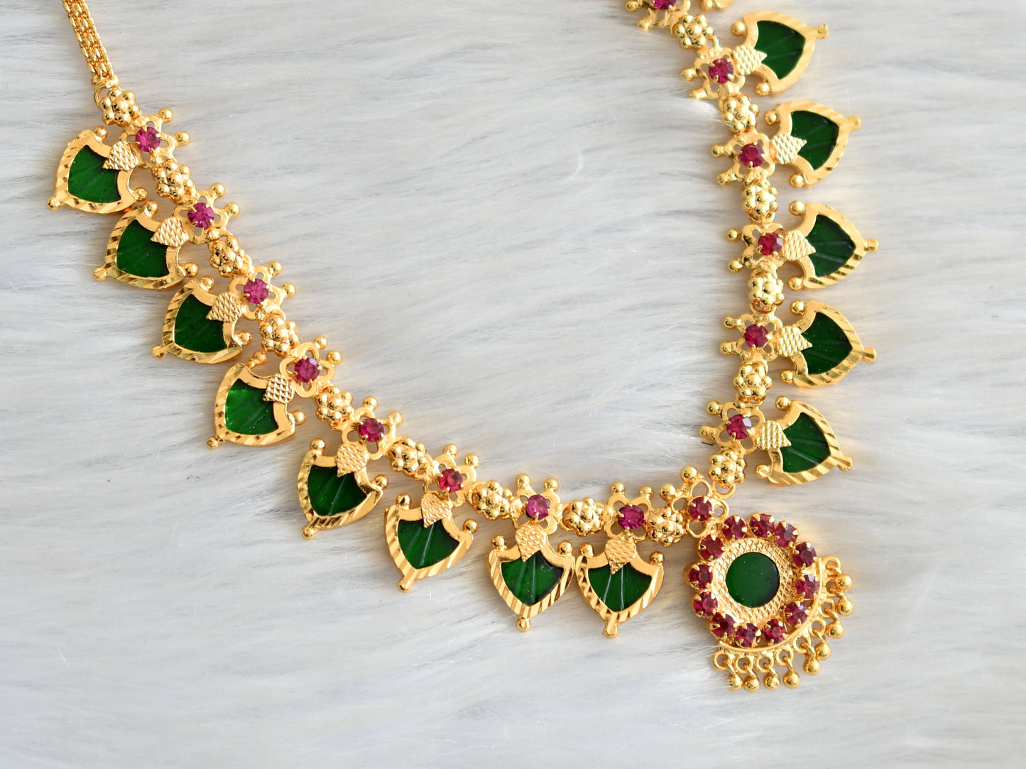 Gold tone pink-green palakka necklace dj-18935