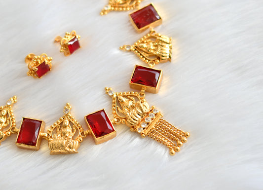 Gold tone white-Red big block stone Lakshmi necklace set dj-39664