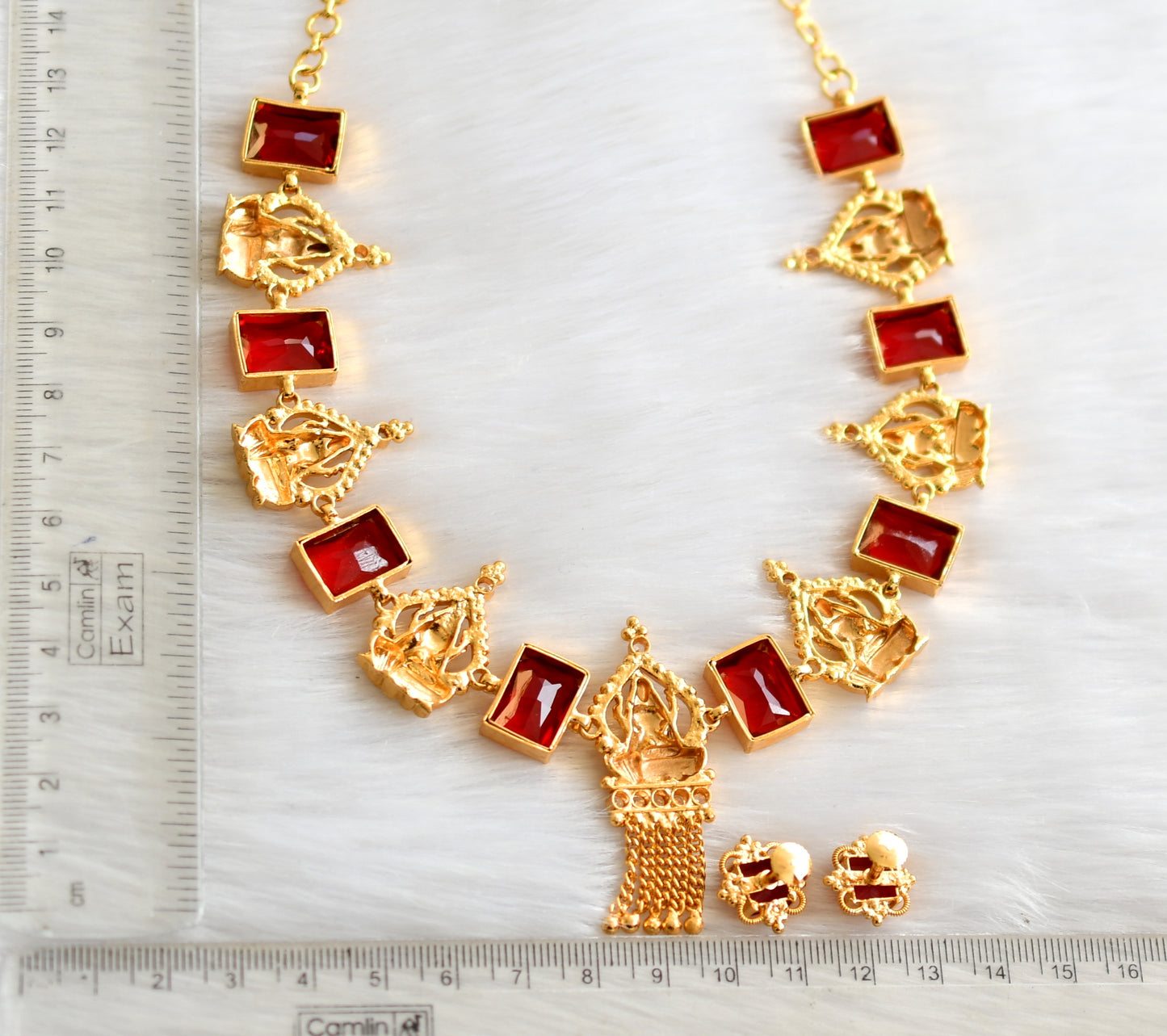 Gold tone white-Red big block stone Lakshmi necklace set dj-39664