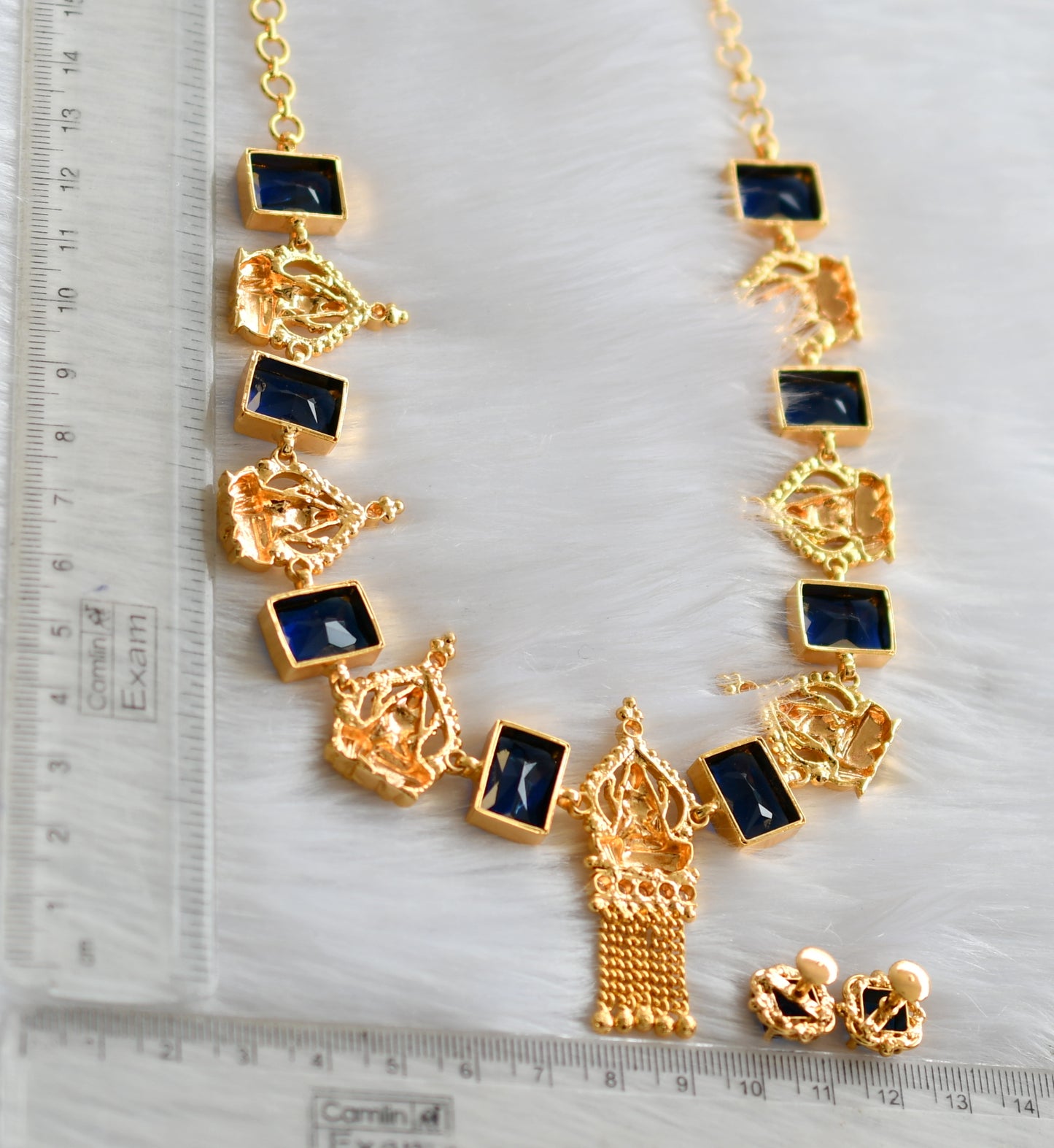 Gold tone white-blue big block stone Lakshmi necklace set dj-39665