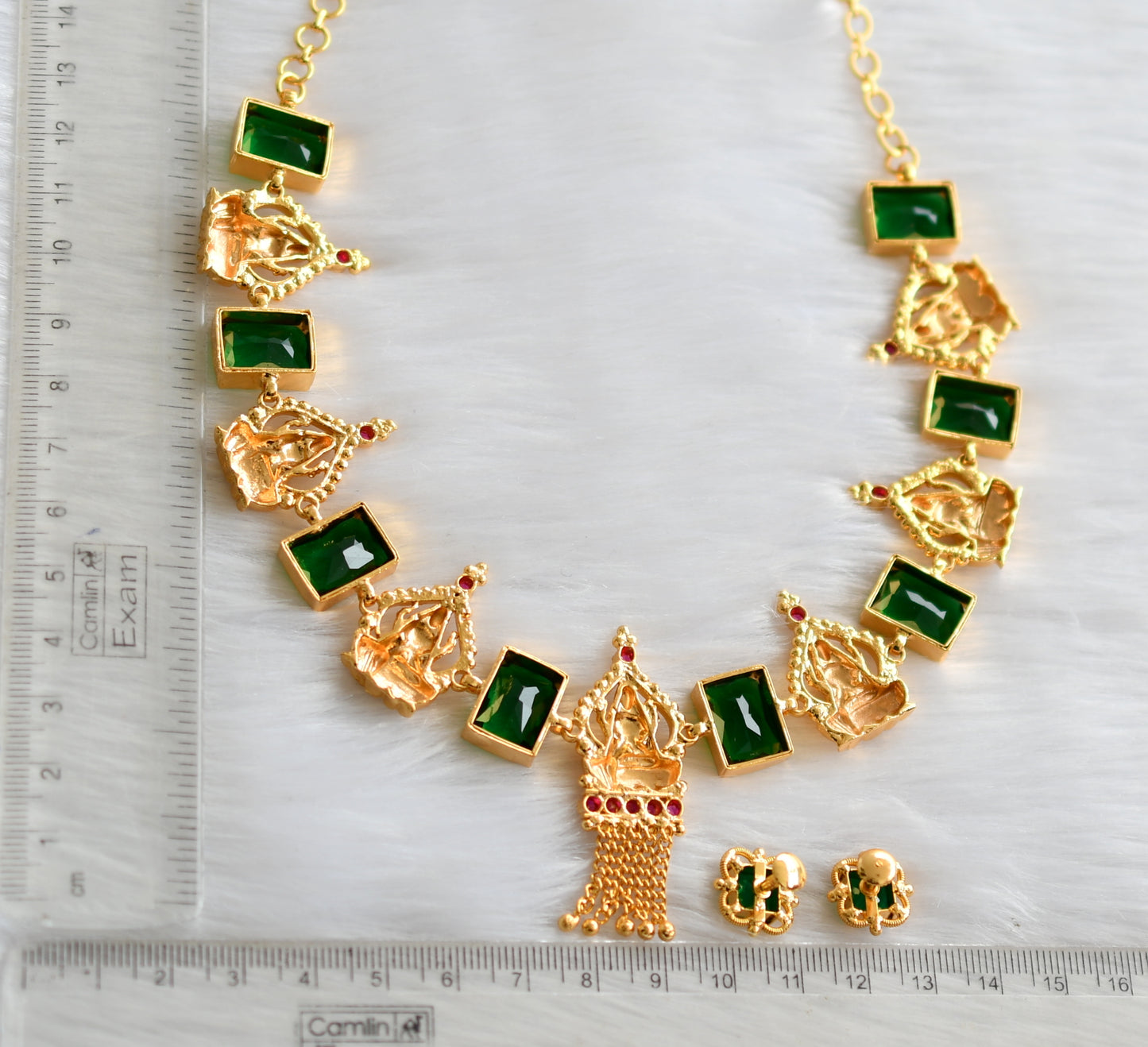 Gold tone pink-green big block stone Lakshmi necklace set dj-39662