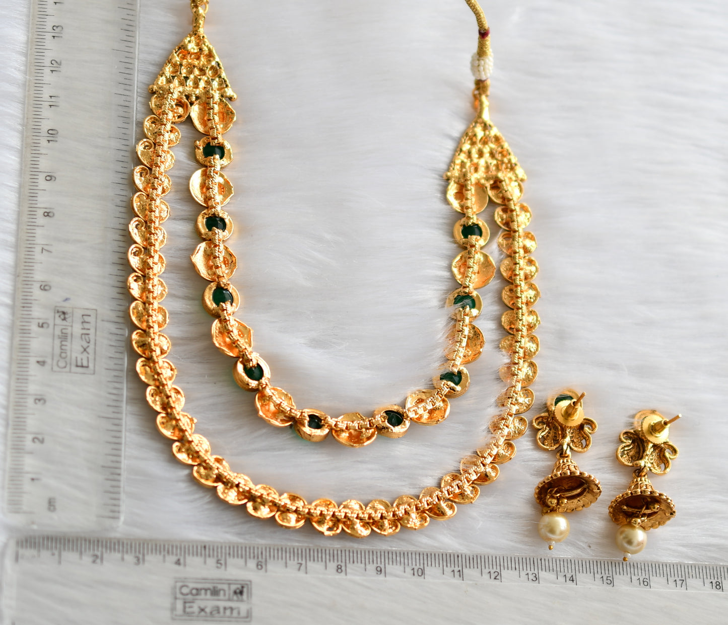 Antique gold tone green mango double layer necklace set dj-39688