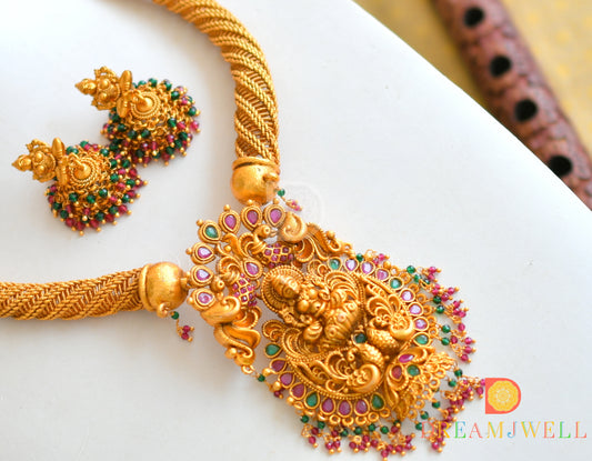 Matte Finish Ruby-emerald Lakshmi Designer Kante Necklace Set dj-21828