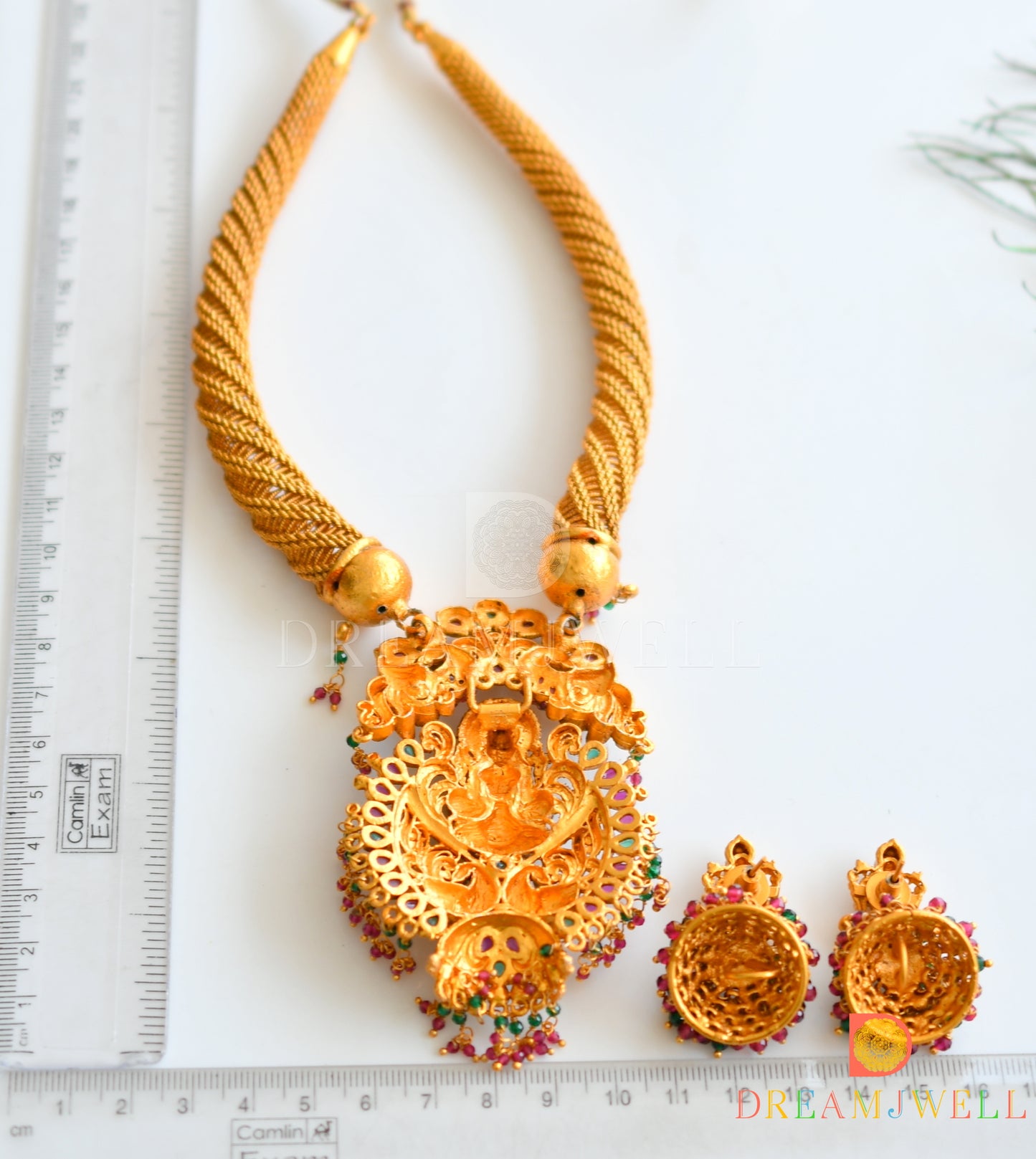 Matte Finish Ruby-emerald Lakshmi Designer Kante Necklace Set dj-21828