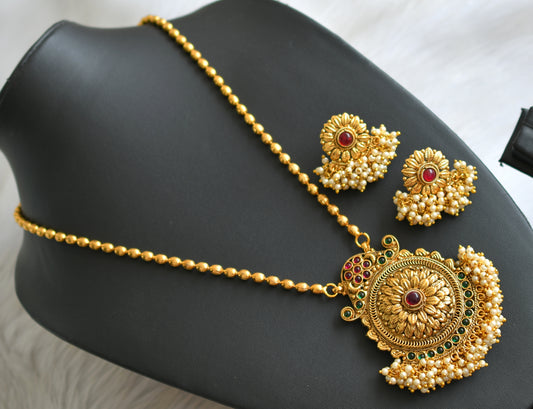 Antique gold tone pearl cluster kemp-green chain set dj-03269