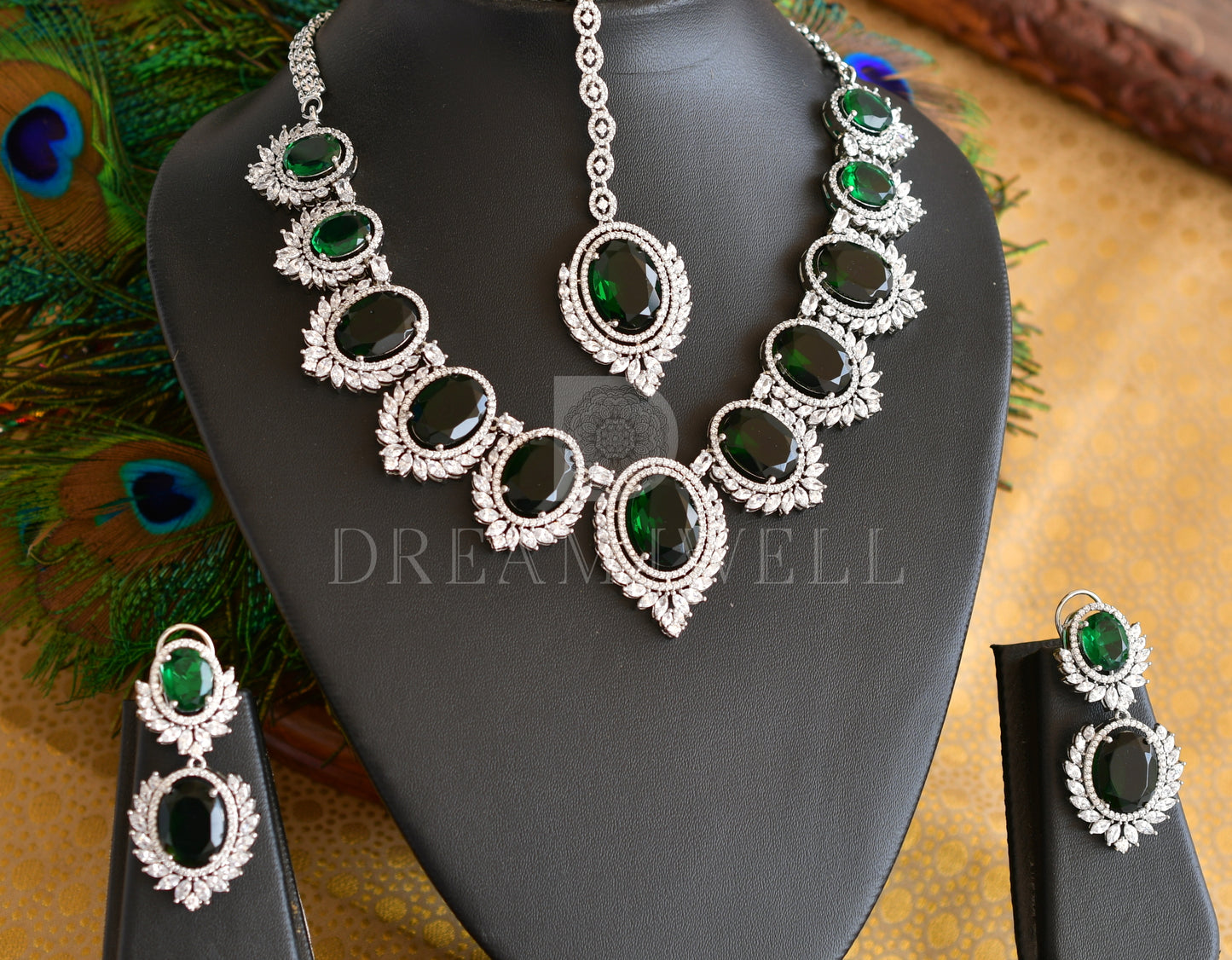 Silver tone diamond replica white-bottle green designer necklace set with tikka dj-35013