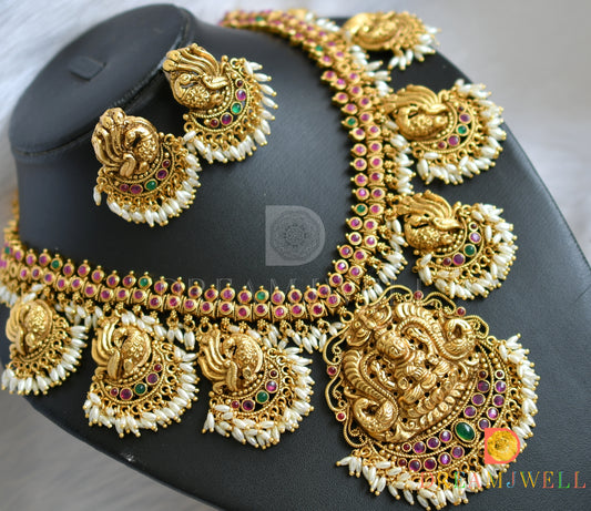 Matte finish kemp-green Gutta Pusalu Peacock Lakshmi rice pearl Haar set dj-38182