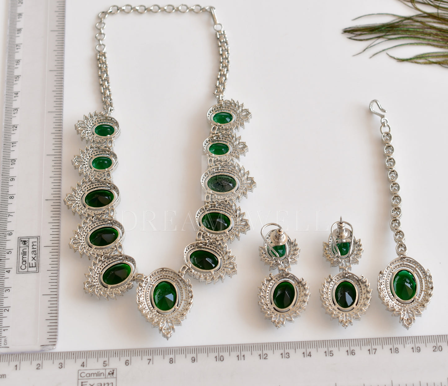 Silver tone diamond replica white-bottle green designer necklace set with tikka dj-35013