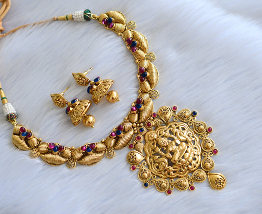 Antique gold tone Nagasu Pink-blue Lakshmi Necklace Set-dj02836