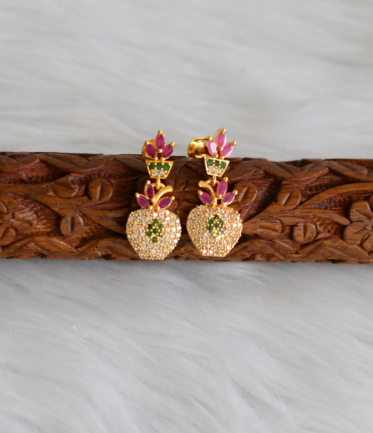 Gold tone cz ruby-white-green apple screw back earrings dj-39701