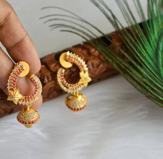 Gold tone cz white-ruby flower earrings dj-19957