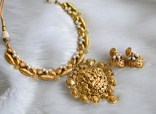 Antique gold tone nagasu pearl Lakshmi necklace set dj-02837