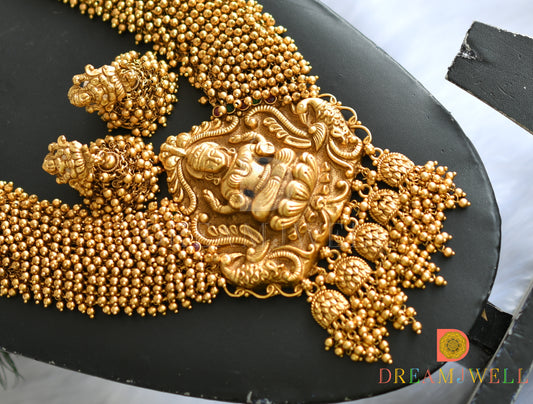 Matte finish kemp-green Lakshmi bridal gold cluster haar set dj-31365