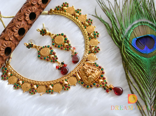 Antique Lakshmi coin maroon-green stone necklace set dj-37416
