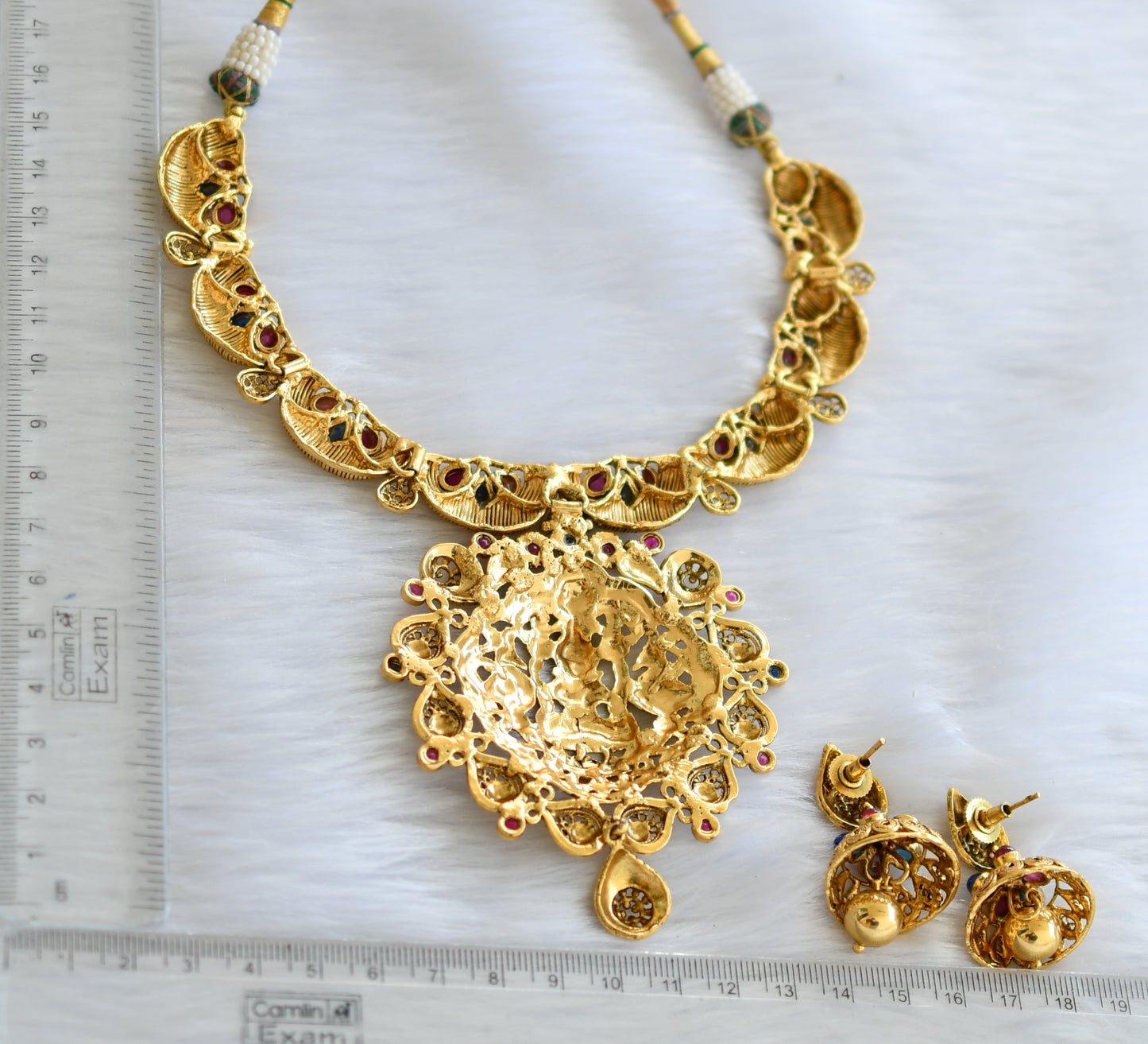 Antique gold tone Nagasu Pink-blue Lakshmi Necklace Set-dj02836