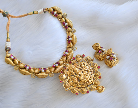 Antique gold tone Nagasu pearl-pink Lakshmi necklace set dj-02835