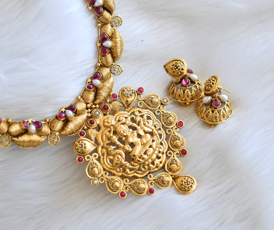 Antique gold tone Nagasu pearl-pink Lakshmi necklace set dj-02835