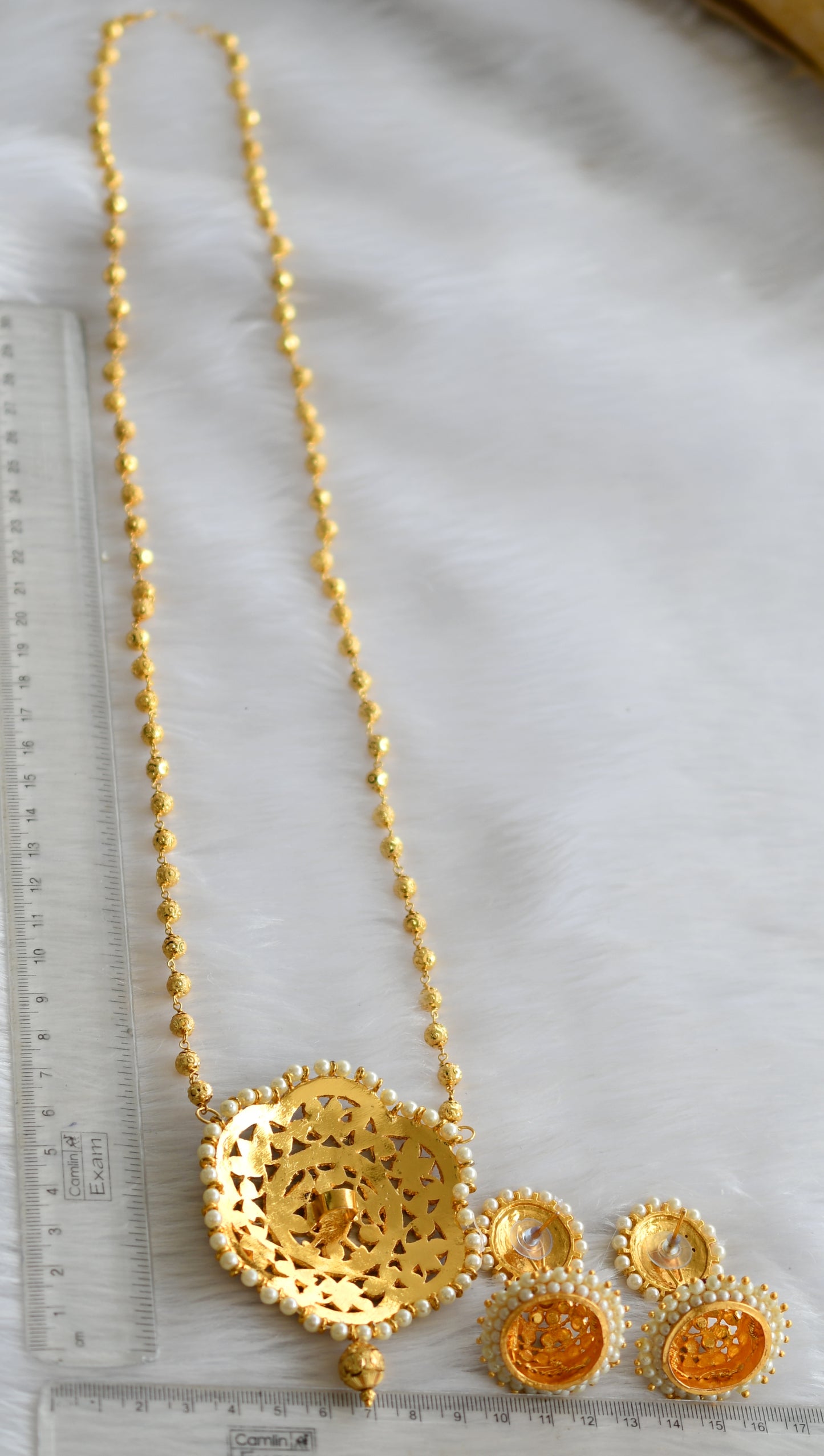 Gold tone big flower pendant kemp-green temple necklace set dj-02804