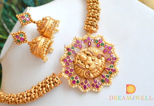 Matte finish Ruby-emerald Lakshmi Hasli Kante Necklace Set dj-21703