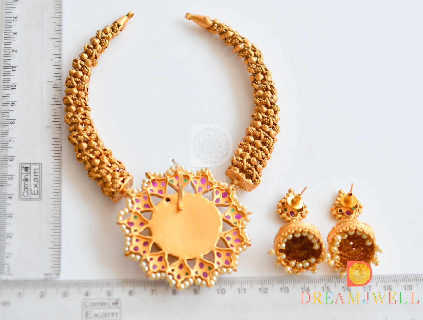 Matte finish Ruby-emerald Lakshmi Hasli Kante Necklace Set dj-21703