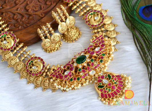 Matte finish pink-green-white kundan jadau Lakshmi coin swan short haar set dj-38178