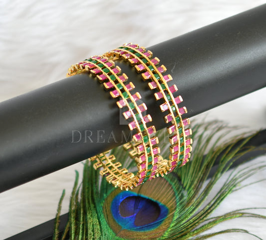 Gold tone ruby-emerald square stone bangles (2.8) dj-04777