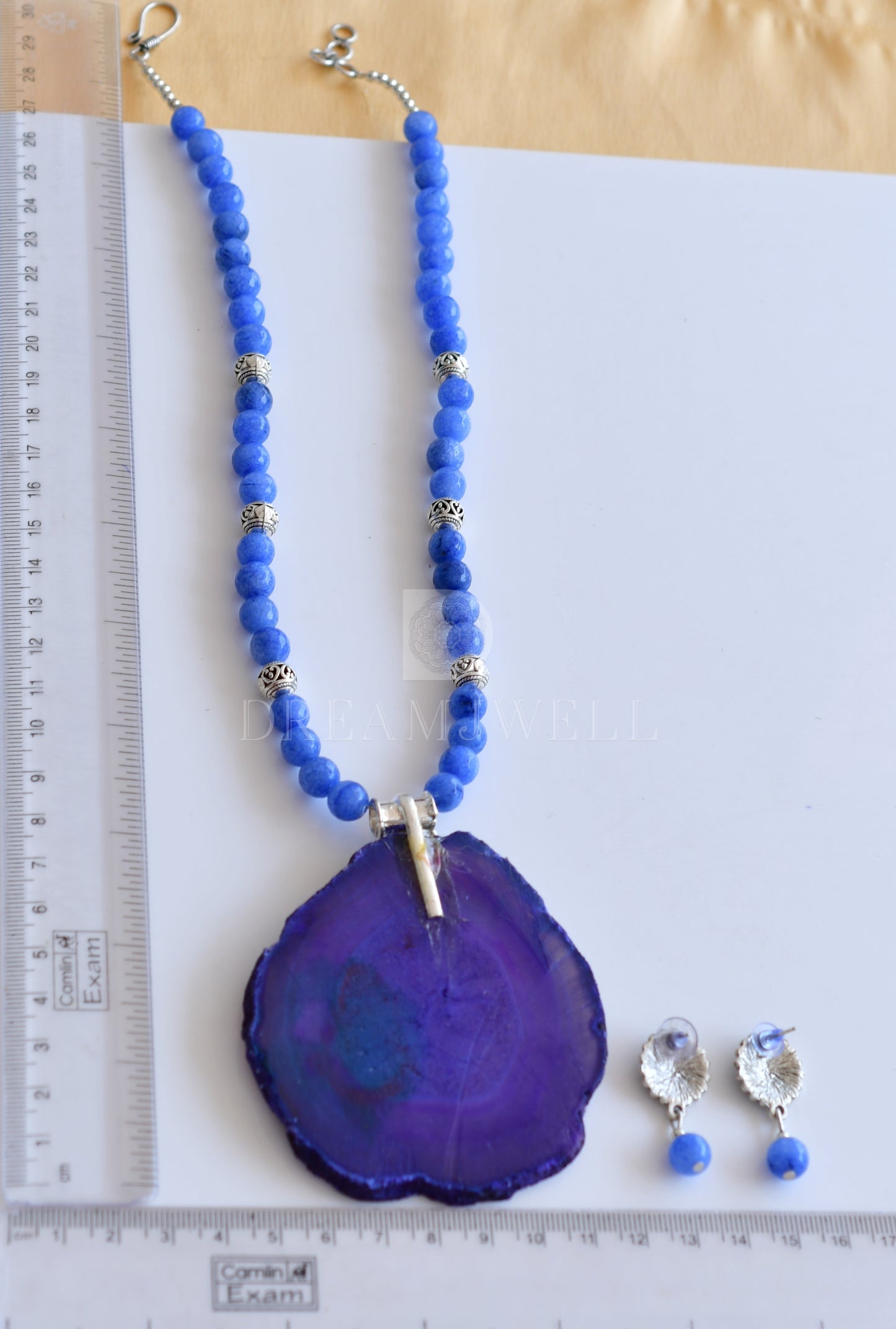 Silver tone blue onyx beads necklace set dj-35928