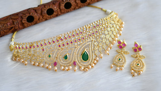 Gold tone cz ruby-emerald mango choker necklace set dj-19526
