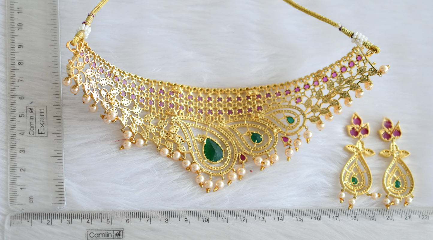 Gold tone cz ruby-emerald mango choker necklace set dj-19526