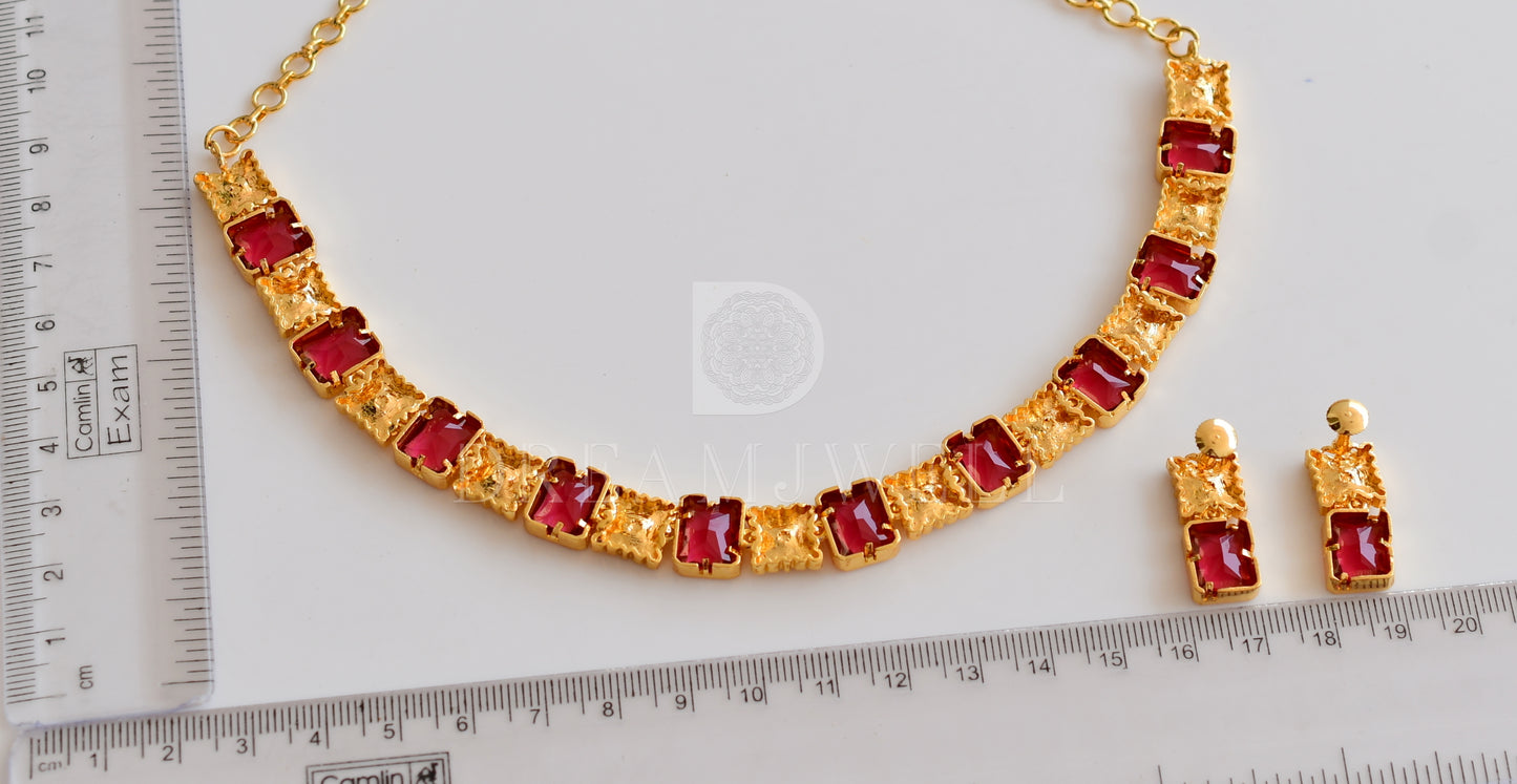 Gold tone magenta pink block stone sufi necklace set dj-34916