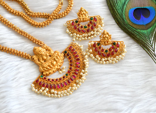 Matte finish kemp-green Lakshmi bali pearl long chain set dj-10956