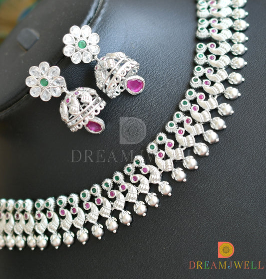 Silver tone ruby-emerald peacock necklace set dj-36666