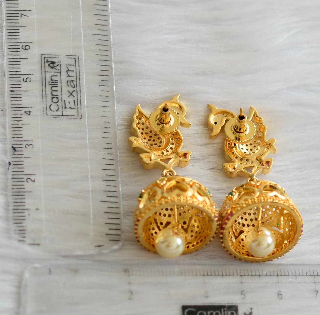 Gold tone cz ruby-green-white big swan jhumkka dj-03617