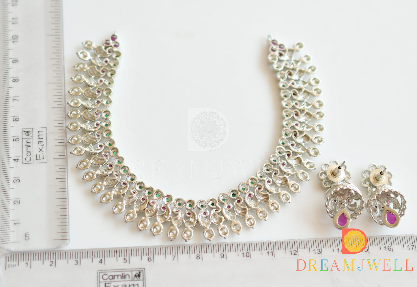 Silver tone ruby-emerald peacock necklace set dj-36666