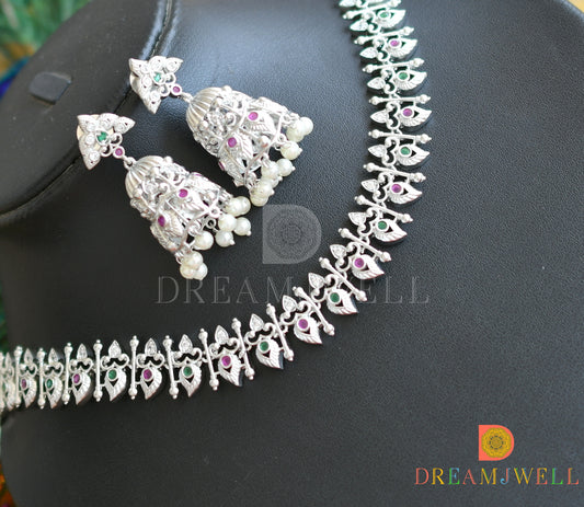 Silver tone ruby-emerald-white stone mango haar set dj-36669