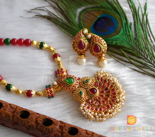 Antique gold tone kemp-green pearl cluster mango beaded necklace set dj-01281