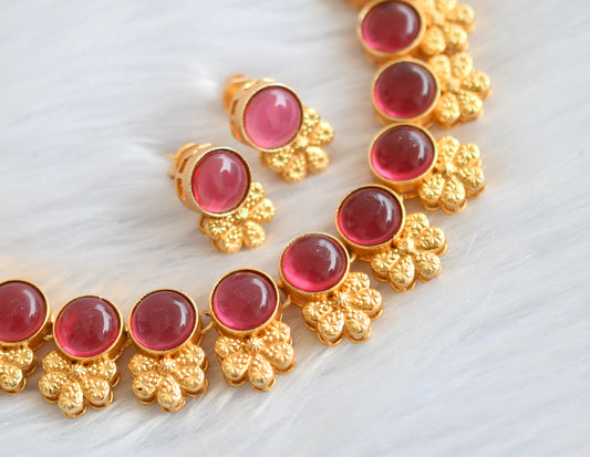 Matte finish rose pink round flower necklace set dj-39704