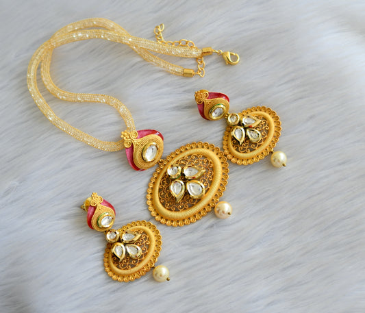 Gold plated real kundan red necklace set dj-03598