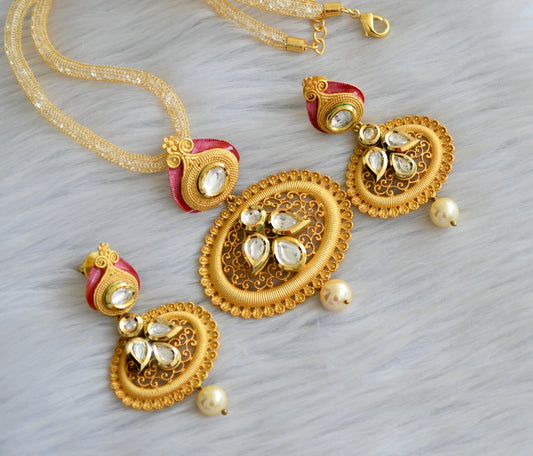 Gold plated real kundan red necklace set dj-03598