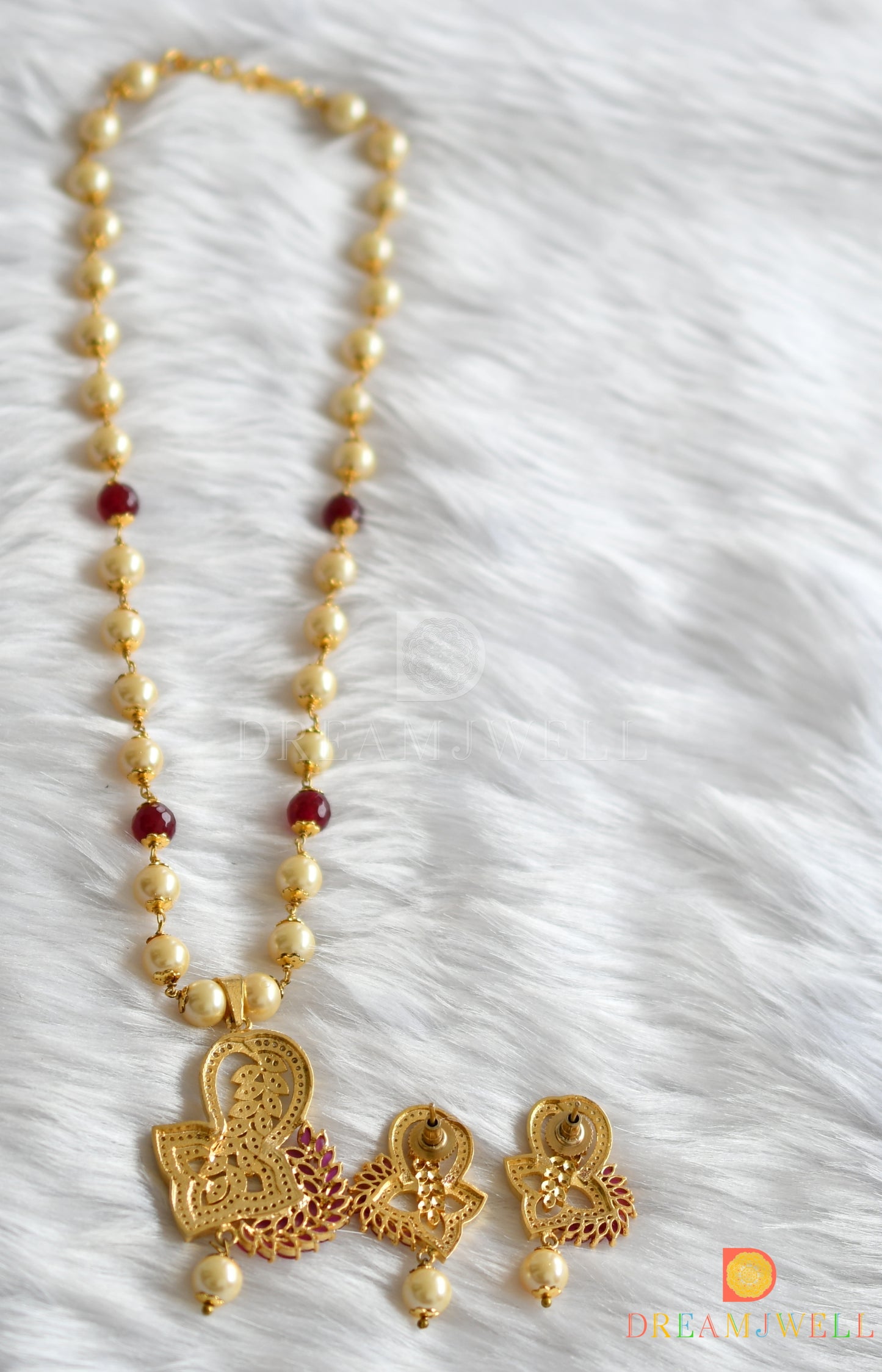 Gold tone pearl-ruby-white necklace set dj-01652