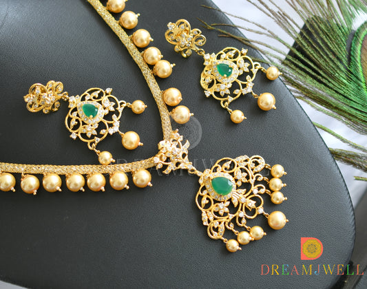 Gold tone cz-green-white pearl necklace set dj-01667