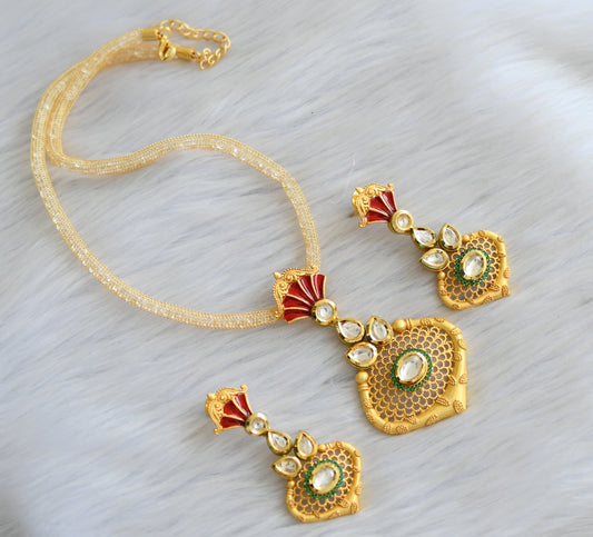 Gold plated real kundan red necklace set dj-03600
