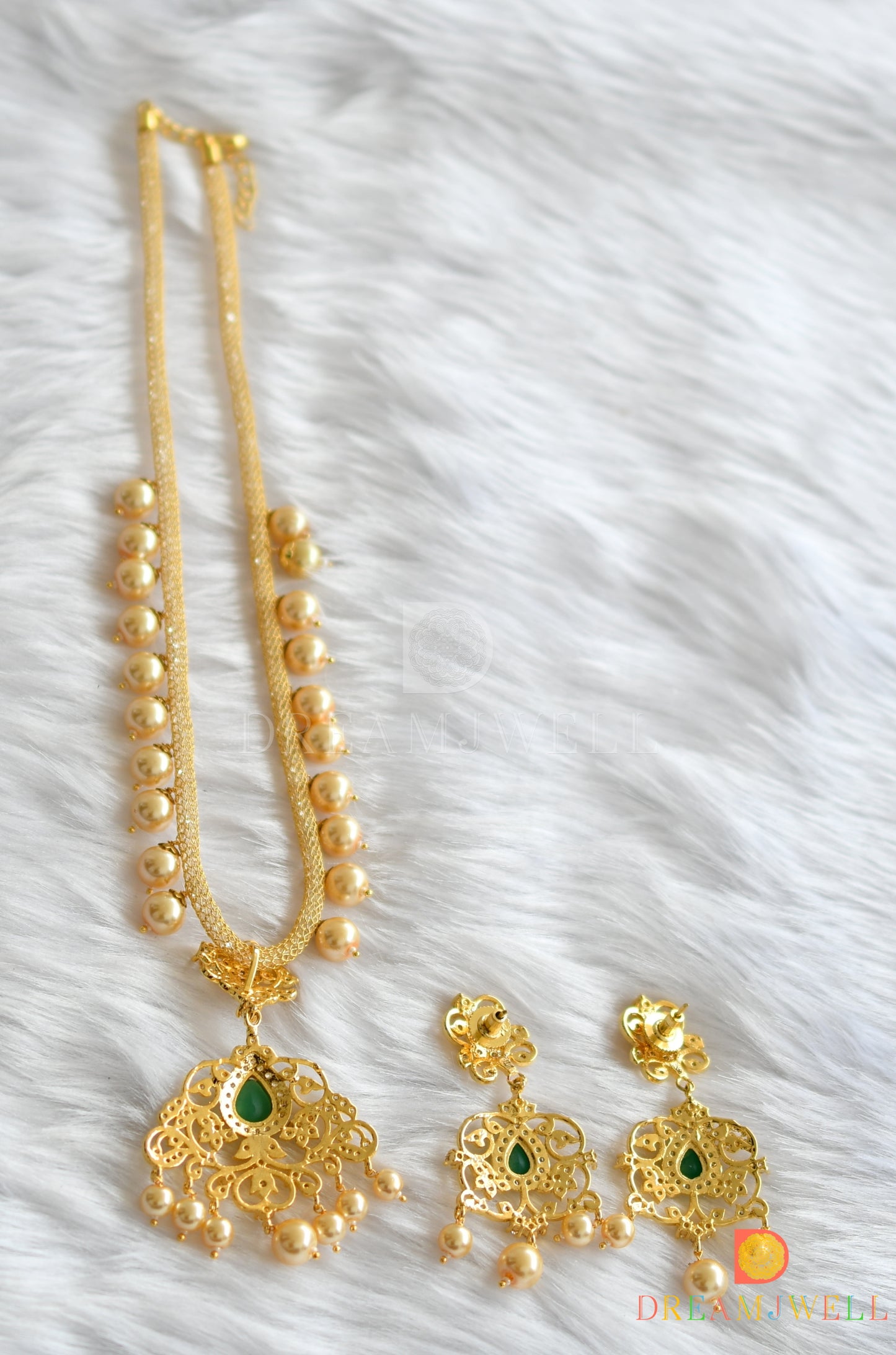 Gold tone cz-green-white pearl necklace set dj-01667