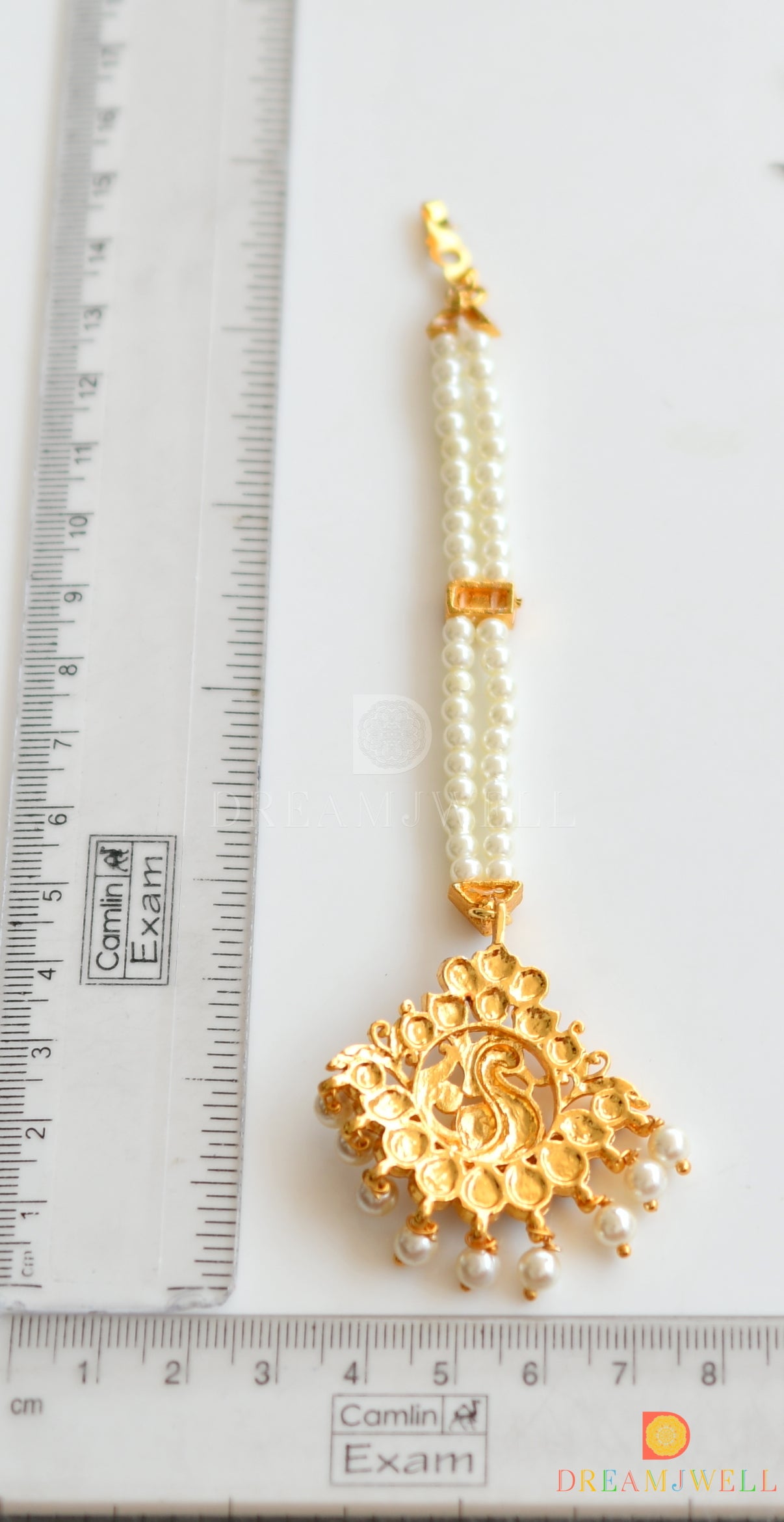 Gold tone kemp-green pearl swan designer maang tikka dj-29721