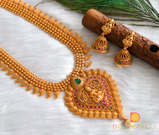 Matte finish ruby-emerald Lakshmi pendant bridal mango haar set dj-11513